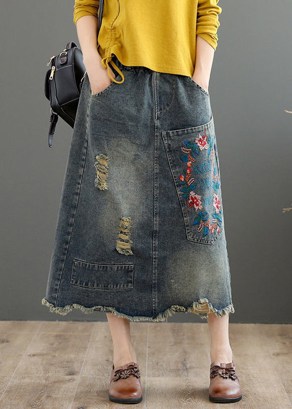 Vintage Grau Asymmetrische Stickerei Patchwork High Waist Denim Maxi Röcke