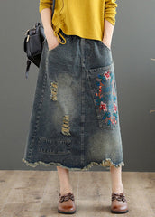 Vintage Grau Asymmetrische Stickerei Patchwork High Waist Denim Maxi Röcke