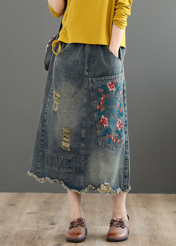 Vintage Grau Asymmetrische Stickerei Patchwork High Waist Denim Maxi Röcke
