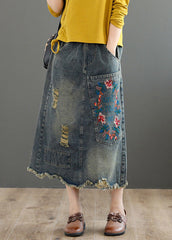 Vintage Grau Asymmetrische Stickerei Patchwork High Waist Denim Maxi Röcke