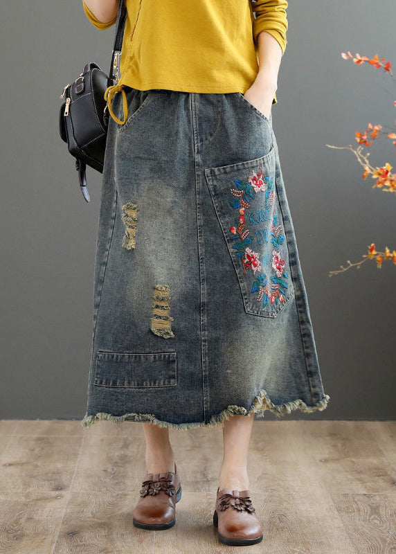 Vintage Grau Asymmetrische Stickerei Patchwork High Waist Denim Maxi Röcke