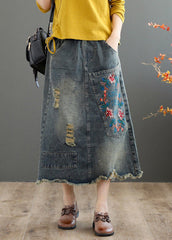 Vintage Grau Asymmetrische Stickerei Patchwork High Waist Denim Maxi Röcke