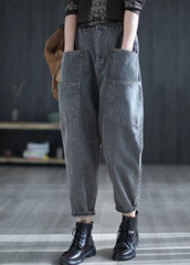 Vintage Grey High Waist Pockets Harem Fall Denim Pants