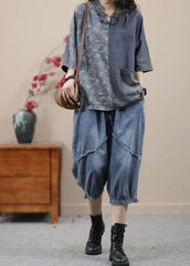 Vintage Light Blue Hooded Print Patchwork Denim Two Pieces Set