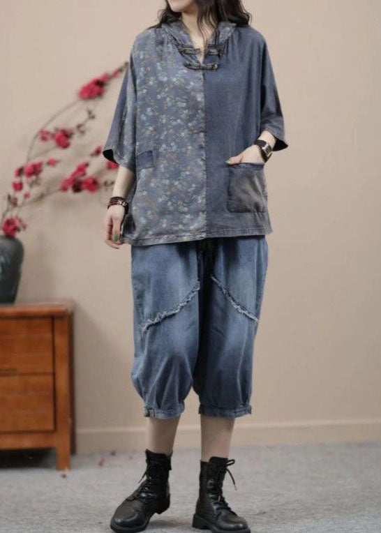 Vintage Light Blue Hooded Print Patchwork Denim Two Pieces Set