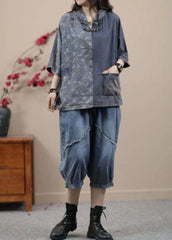 Vintage Light Blue Hooded Print Patchwork Denim Two Pieces Set