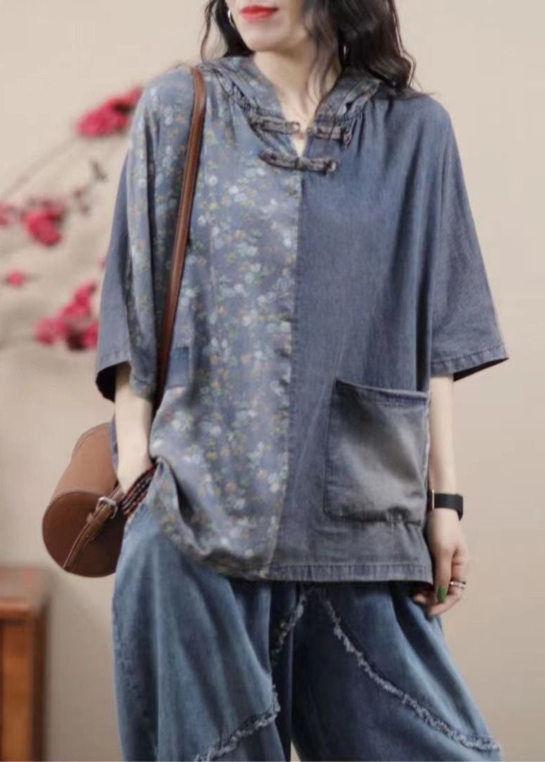 Vintage Light Blue Hooded Print Patchwork Denim Two Pieces Set