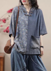 Vintage Light Blue Hooded Print Patchwork Denim Two Pieces Set
