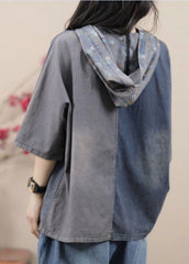 Vintage Light Blue Hooded Print Patchwork Denim Two Pieces Set