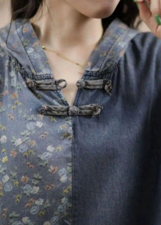 Vintage Light Blue Hooded Print Patchwork Denim Two Pieces Set