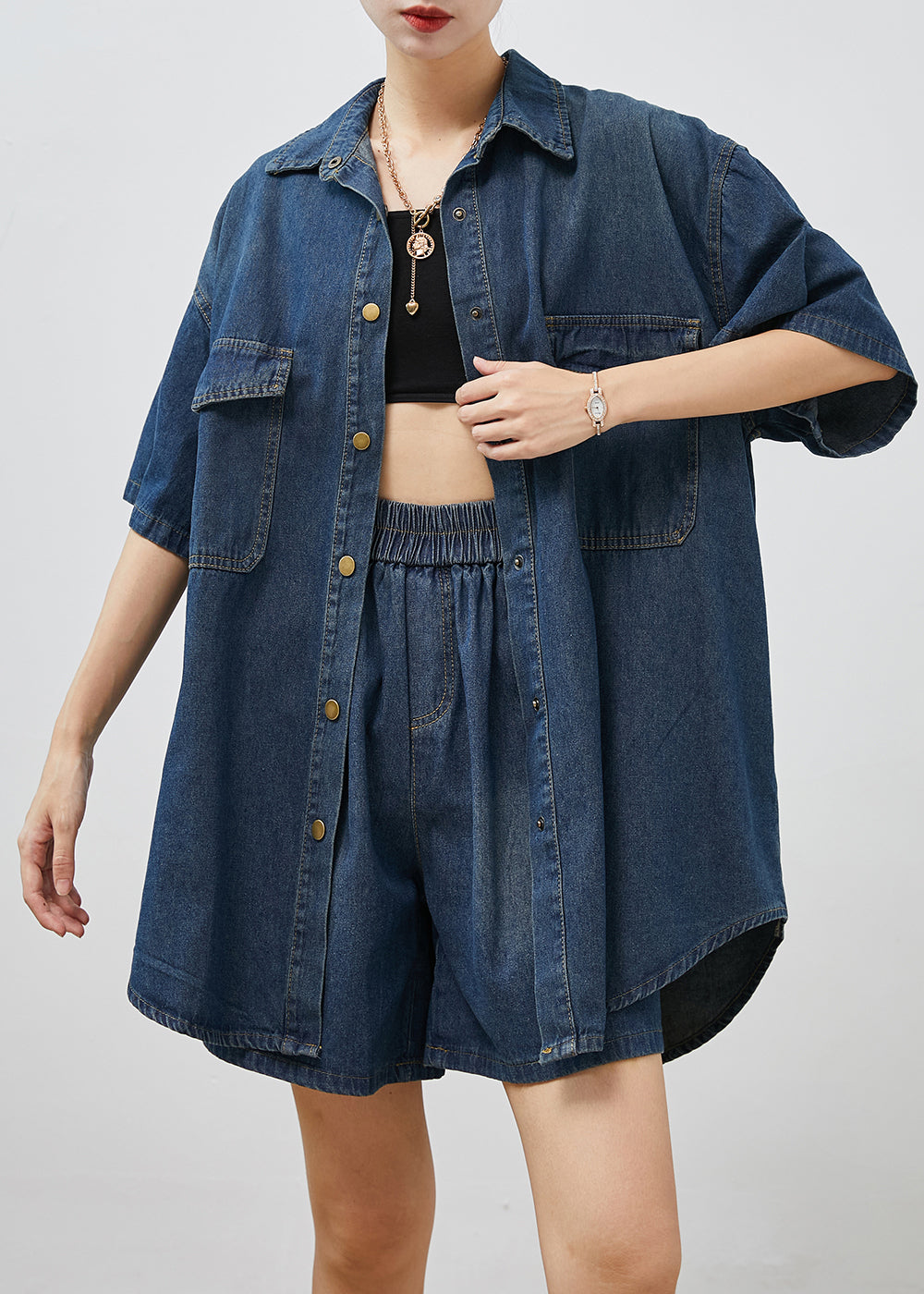 Vintage Navy Oversized Denim Two Piece Set Clothing