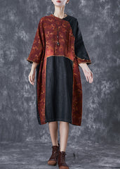 Vintage Orange Asymmetrical Denim Patchwork Linen Dress