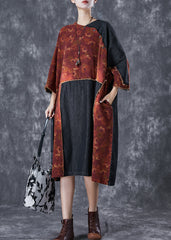 Vintage Orange Asymmetrical Denim Patchwork Linen Dress
