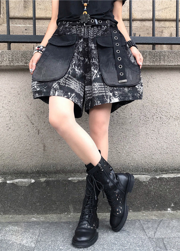 Vintage Print Patchwork High Waist Sashes Denim Shorts