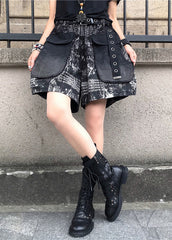 Vintage Print Patchwork High Waist Sashes Denim Shorts