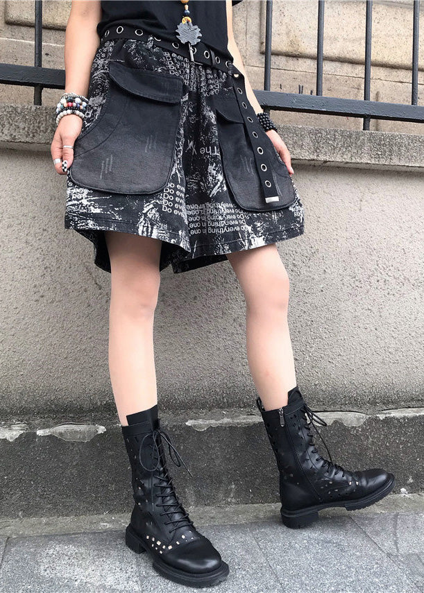 Vintage Print Patchwork High Waist Sashes Denim Shorts