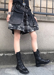 Vintage Print Patchwork High Waist Sashes Denim Shorts