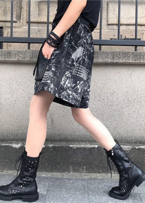 Vintage Print Patchwork High Waist Sashes Denim Shorts