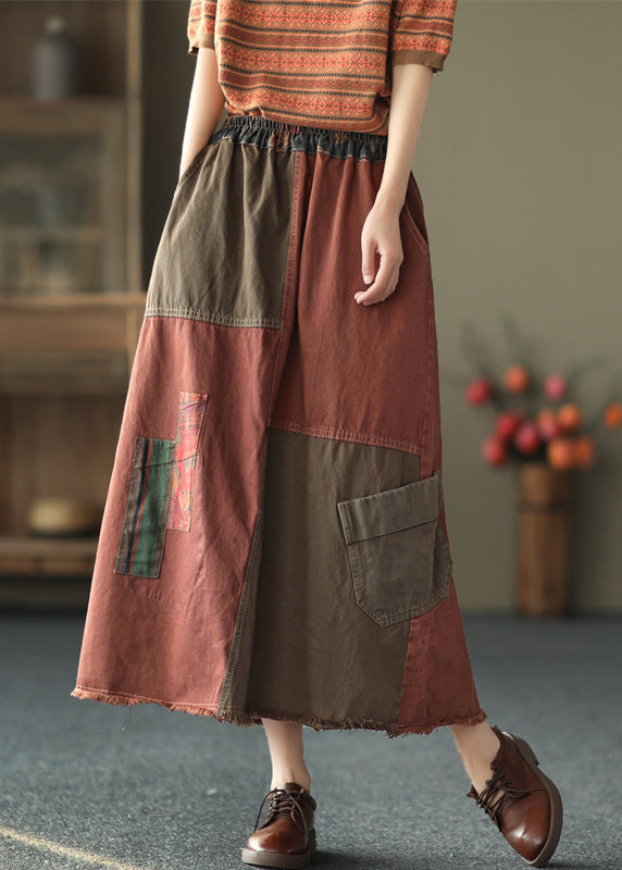 Falda vaquera de algodón con bolsillos y cintura elástica de patchwork rojo vintage, estilo acampanado, para otoño.
