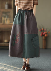 Falda vaquera de algodón con bolsillos y cintura elástica de patchwork rojo vintage, estilo acampanado, para otoño.