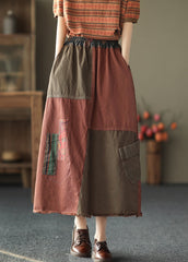 Falda vaquera de algodón con bolsillos y cintura elástica de patchwork rojo vintage, estilo acampanado, para otoño.