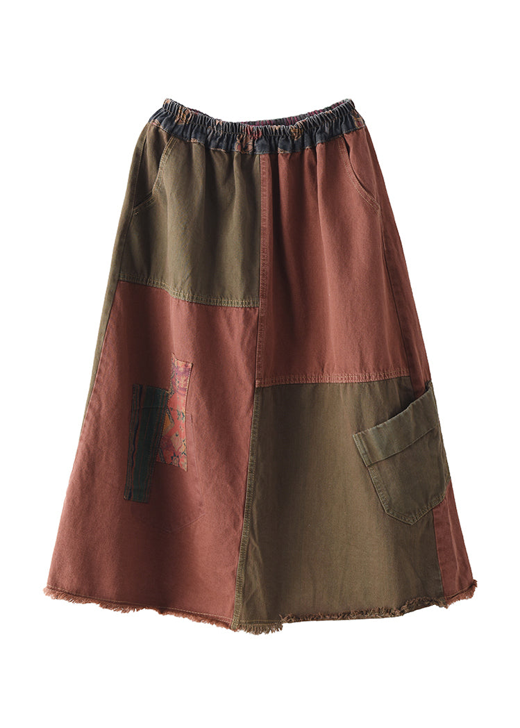 Falda vaquera de algodón con bolsillos y cintura elástica de patchwork rojo vintage, estilo acampanado, para otoño.