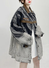 Vintage Gestreiften Knopf Loch Patchwork Unisex Stil Denim Mäntel