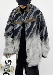 Vintage Gestreiften Knopf Loch Patchwork Unisex Stil Denim Mäntel