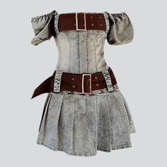 Vintage pleated strapless denim dress