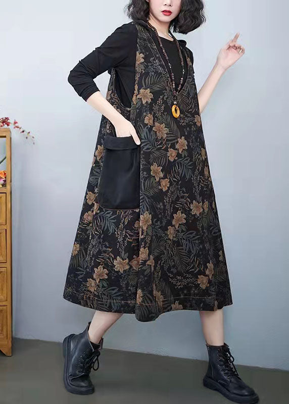Vintage Denim Print Pockets  Dress Cotton Dress