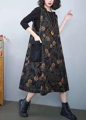 Vintage Denim Print Pockets  Dress Cotton Dress
