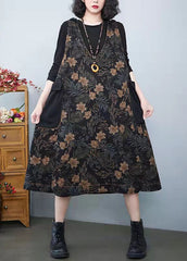 Vintage Denim Print Pockets  Dress Cotton Dress