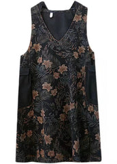 Vintage Denim Print Pockets  Dress Cotton Dress