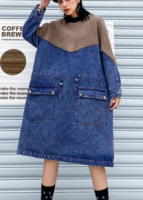 Vivid Denim Blue Clothes Patchwork Drawstring Robe Dresses