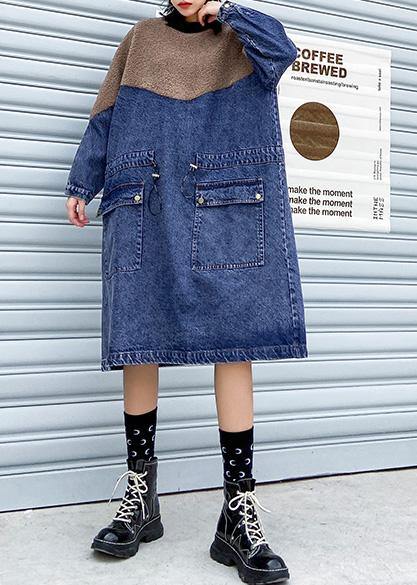 Vivid Denim Blue Clothes Patchwork Drawstring Robe Dresses