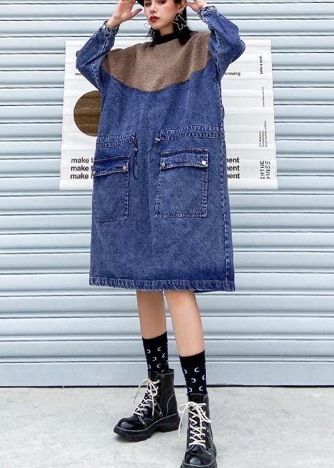 Vivid Denim Blue Clothes Patchwork Drawstring Robe Dresses