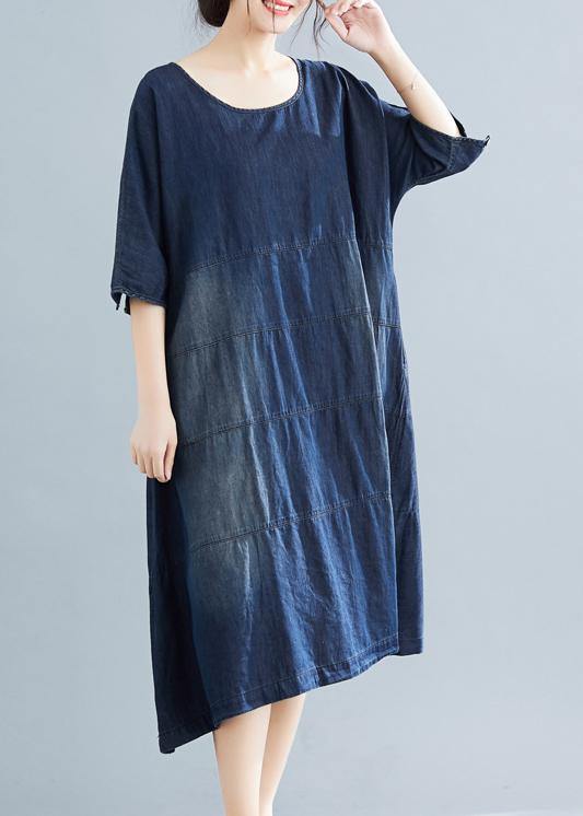 Lebendige Jeansblaue Steppkleider aus Baumwolle, Boho-Stoffe, O-Ausschnitt, Kaftan-Kleider