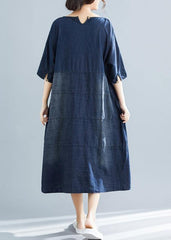 Vivid denim blue cotton quilting dresses Boho Fabrics o neck Kaftan Dresses