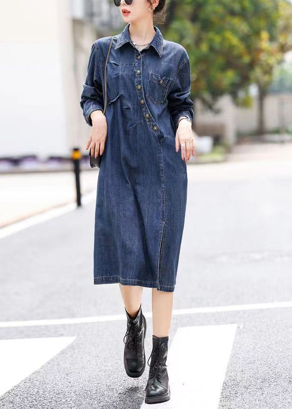 Vogue Blau Asymmetrische Patchwork Seite openOpen Button Denim Lange Kleider Herbst