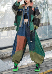 Conjunto de dos piezas de abrigo vaquero y pantalones harén con cuello Peter Pan, botones y patchwork de Vogue Colorblock y manga larga