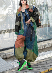 Conjunto de dos piezas de abrigo vaquero y pantalones harén con cuello Peter Pan, botones y patchwork de Vogue Colorblock y manga larga