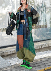 Conjunto de dos piezas de abrigo vaquero y pantalones harén con cuello Peter Pan, botones y patchwork de Vogue Colorblock y manga larga