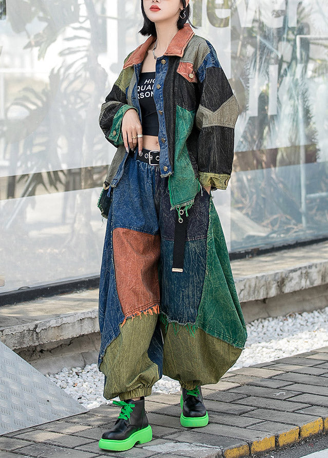 Conjunto de dos piezas de abrigo vaquero y pantalones harén con cuello Peter Pan, botones y patchwork de Vogue Colorblock y manga larga