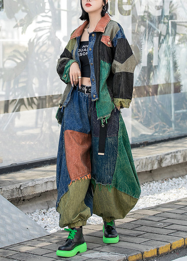 Patchwork Colorblock Jeans Vogue Colorblock Peter Pan Collar Button Patchwork Denim Coats And Har ...
