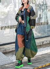 Conjunto de dos piezas de abrigo vaquero y pantalones harén con cuello Peter Pan, botones y patchwork de Vogue Colorblock y manga larga