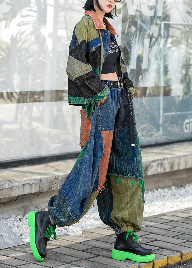 Conjunto de dos piezas de abrigo vaquero y pantalones harén con cuello Peter Pan, botones y patchwork de Vogue Colorblock y manga larga