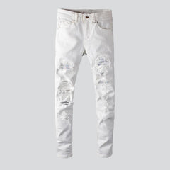 White crystal patchwork men jeans