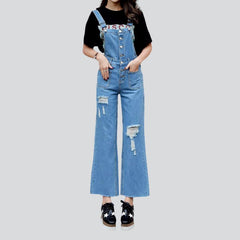 Wide-leg distressed women denim jumpsuit