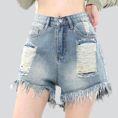 Wide-leg ripped women denim shorts