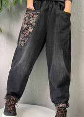 Black Embroideried Pockets denim Pants